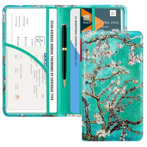 CoBak Car Registration and Insurance Holder - Vehicle Glove Box Car Organizer,Auto Truck Comparment Accessories Case with Magnetic Closure for Driver License,Cards - color: L-Almond Blossoms
