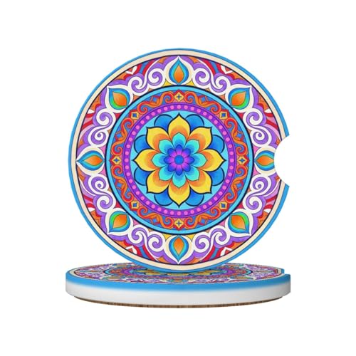 Bohemian Mandala Flower 2 Pack Car Cup Holder Coasters Absorbent Ceramic Drink Coasters 2.56" Universal Anti Slip Cup Mat with Non-Scratch Cork Base and Finger Notch Auto Accessories Interior - color: Dark Navy