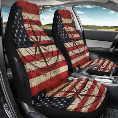 Front Car Seat Covers, American Flag Compass Print Comfortable Breathable Car Front Seat Cover Waterproof, Universal Auto Seat Cover Compatible with Airbag, Easy to Install, Set of 2 - color: American Flag Compass - Red and Beige