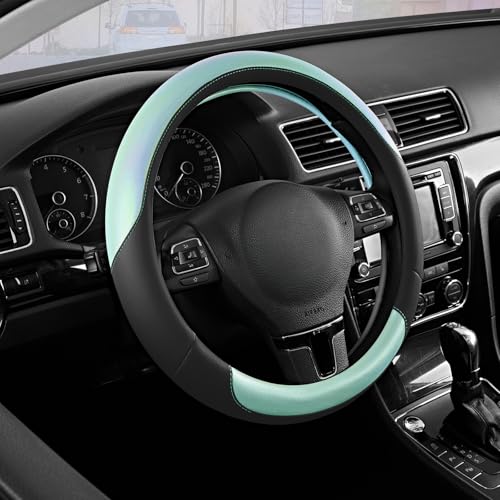 Road Comforts Steering Wheel Cover – Breathable Leather Steering Wheel Cover, Anti-Slip Grip, Universal Fit 14.5” to 15”, Heat & Cold Resistant for Cars, SUVs, and Trucks – Black & Shining Light Blue - color: Black&Light Blue