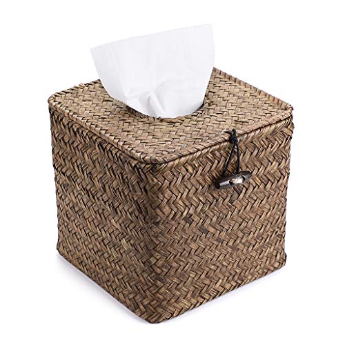 Sumnacon Tissue Box Cover Square Seagrass Tissue Box with Lid, Woven Tissue Box Holder Rustic Cube Tissue Cover for Bathroom Toilet Bedroom Living Room Kitchen Table Desk Office Car, Coffee - color: Coffee