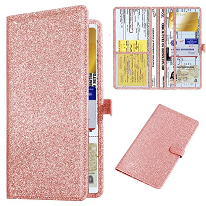 Car Registration & Insurance Card Holder Leather Auto Glove Box Organizer Document Wallet with Magnetic Shut (Glitter Rose, large) - color: Large Glitter Rose