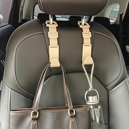Amooca Car Headrest Hooks 4 Pack Adjustable Universal Fit Auto Seat Back Organizer Storage Hanger Purse Bags Holder with Clip Beige - color: Beige
