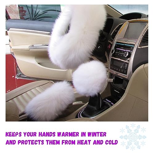 3PCS Wool Steering Wheel Cover with Fuzzy Handbrake Cover & Gear Shift Cover, Universal 15 Inch Steering Wheel Fluffy Soft Protector, Comforting Warm Car Decoration for Women Men (White) - style: White
