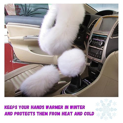 3PCS Wool Steering Wheel Cover with Fuzzy Handbrake Cover & Gear Shift Cover, Universal 15 Inch Steering Wheel Fluffy Soft Protector, Comforting Warm Car Decoration for Women Men (White) - style: White