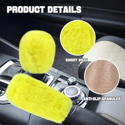 Hovom 2PCS Fluffy Car Gear Shift Knob Cover & Handbrake Cover, Soft Plush Hand Brake Handle & Gear Shift Cover for Women Girls, Universal Comfortable Warm Furry Car Accessories (Yellow) - color: Yellow