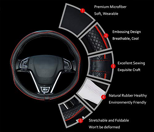 Microfiber Leather Car Steering Wheel Cover, Soft Padding, Durable, No Smell, Universal 15 Inch Steering Cover, Anti-Slip Embossing Pattern A, Black with Red Line - color: Red Line