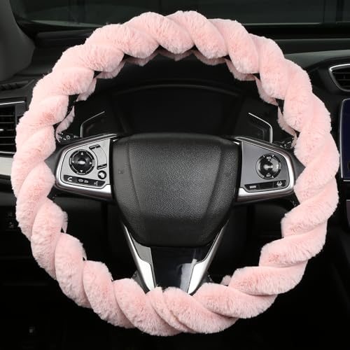 Fluffy Pink Steering Wheel Cover for Women Girls, Cute Plush Fuzzy 15" Universal Anti-Slip Breathable, Soft Warm Cozy Comfortable for Teen College Student, Kawaii Girly 14.5-15 Inch - color: Pink