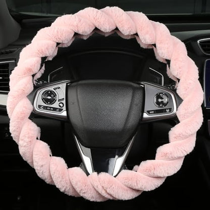 Fluffy Pink Steering Wheel Cover for Women Girls, Cute Plush Fuzzy 15" Universal Anti-Slip Breathable, Soft Warm Cozy Comfortable for Teen College Student, Kawaii Girly 14.5-15 Inch - color: Pink