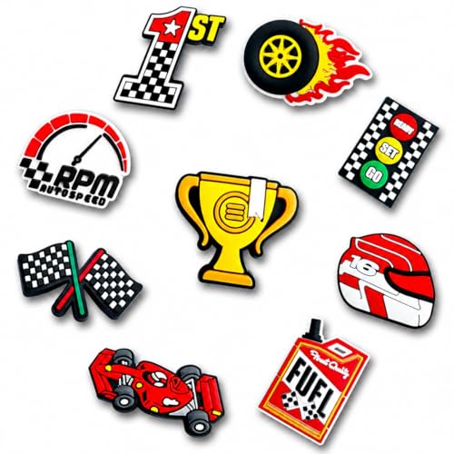 Premium Racing Shoe Charms Set, 9 Waterproof PVC Charms for Sandals, Backpacks, Wristbands and Accessories