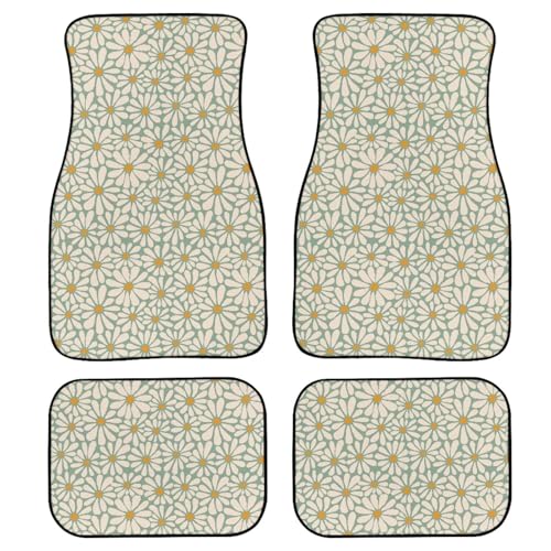 Daisy Flower Print Car Floor Mats Set of 4 Retro Groovy Floral Universal Vehicle Floor Carpet Decorative Auto Front Rear Foot Rugs for Trucks SUV Sedan - color: Beige