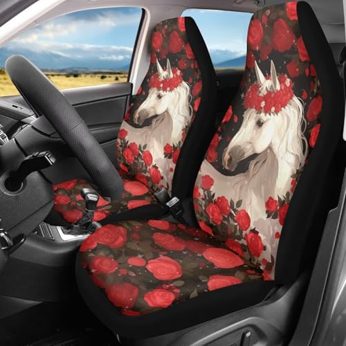 Bulopur Horse Racing Decor Front Seat Covers for Cars Horse and Red Rose Bucket Seat Covers Anti-Slip Vehicle Cushion Seats Cover Set, Auto Interior Decoration - color: Horse and Red Rose