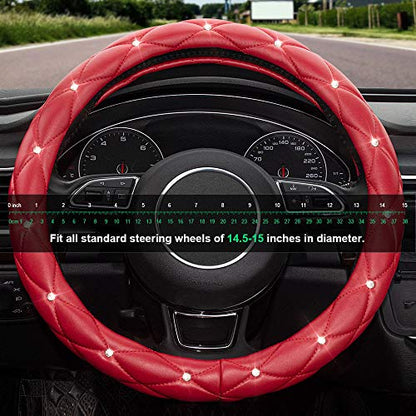 Red Steering Wheel Cover, Leather Car Steering Wheel Cover, Crystal Rhinestones Anti-Slip Soft Accessories for Women and Girl Universal Fit 14.5-15 Inch - color: . .Red..