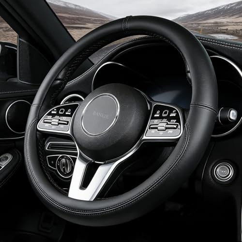 Nappa Leather Steering Wheel Cover, Universal 14.5–15 Inch Non-Slip Breathable Steering Wheel Cover for Car Interior Accessories, Black - color: Black