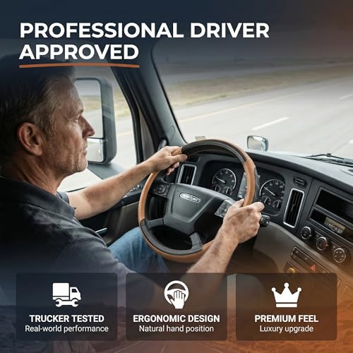 18 Inch Semi Truck Steering Wheel Cover for Freightliner Cascadia, Kenworth T680 T880, Peterbilt 579 & Volvo VNL – Heavy Duty Anti-Slip Leather Grip for Big Rig Class 8 Trucks – Brown - color: Royal Brown