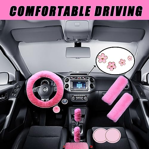 Fluffy Steering Wheel Cover for Women with Furry Gear Cover &Handbrake Cover&Seat Belt Cover&Armrest Pad Fuzzy Car Accessories for Women Pack of 14 (Pink) - color: Pink