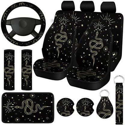 15 Pcs Boho Celestial Snake Seat Covers Full Set Thick Car Front and Back Steering Wheel Cover Seatbelt Strap Armrest Pads Cup Mat Wrist Strap Key Chains for Auto Truck - style: Snake