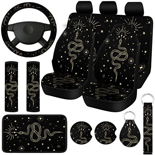 15 Pcs Boho Celestial Snake Seat Covers Full Set Thick Car Front and Back Steering Wheel Cover Seatbelt Strap Armrest Pads Cup Mat Wrist Strap Key Chains for Auto Truck - style: Snake