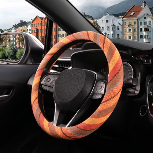 SEG Direct Boho Steering Wheel Cover with Baja Blanket Cloth, Ethnic Style Auto Wheel Cover Made of Coarse Flax, Fits 14 1/2-15 1/4 inches Car Wheel - color: Saturn Yellow
