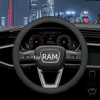 Leather Steering Wheel Cover for Dodge Ram 1500 2500 3500, 15.5-16 inches Car Steering Wheel Cover with Non-Slip Breathable (Black) - color: Black-2