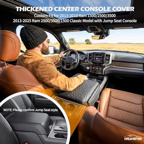 Center Console Cover Compatible with 2013-2018 Ram 1500 & 2019-2024 Ram 2500/3500/1500 Classic Model Jump Seat Accessories, ArmRest Cover Lid with Pocket, Middle Console Covers Pad Cushion - size: 2013-2018 Dodge Ram-Jump Seat Console