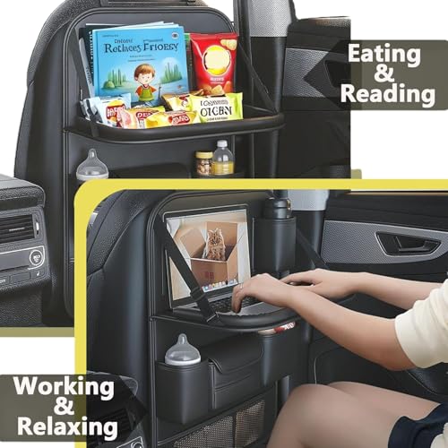 Foldable Car Backseat Organizer with Table Tray, Car Seat Back Protector with Touch Screen Phone Holder, Premium Leather Kick Mats with Storage Pockets Tissue Holder (Black)