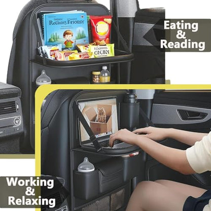 Foldable Car Backseat Organizer with Table Tray, Car Seat Back Protector with Touch Screen Phone Holder, Premium Leather Kick Mats with Storage Pockets Tissue Holder (Black)
