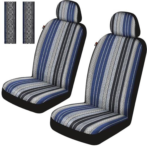 Baja Saddle Blanket Car Seat Covers Front Set with Seat Belt Pads, Washable Breathable Striped Woven Cloth Seat Covers for Cars, SUV, Truck, Airbag Compatible(Blue) - color: Blue, size: Front Set