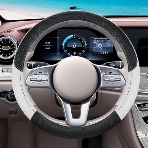 Black & White Car Steering Wheel Cover, Microfiber, Leather Patchwork, Universal 14.5-15 Inch Leather Anti-Slip Breathable Auto Steering Wheel Covers for Men Women - color: Black & White