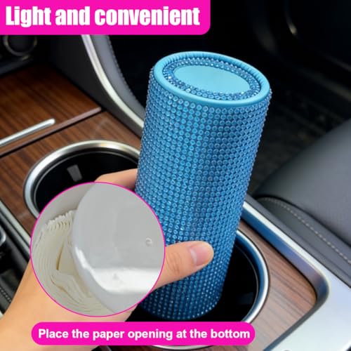 Craedli Bling Car Tissue Holder for Cup Holder, Sparkly Crystal Rhinestone Round Cylinder Car Tissue Box, Refillable Tissues Dispenser Auto Interior Paper Napkin Container with 1 Pack Tissues (Blue) - color: Blue