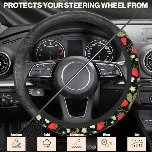 Strawberry Flowers Car Steering Wheel Cover, Non-Slip Absorbing Sweat Car Wheel Cover Accessories for Men Women,Universal 15" Fit Auto SUV Vans Trucks - color: Strawberry Flowers