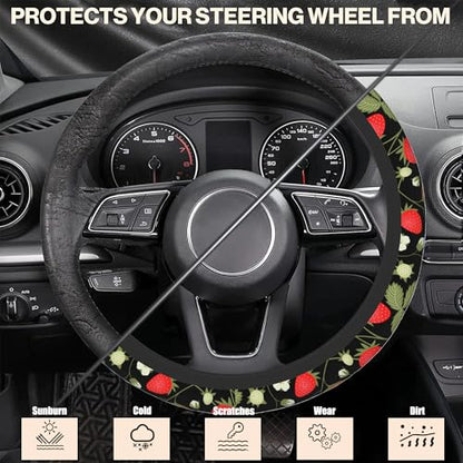 Strawberry Flowers Car Steering Wheel Cover, Non-Slip Absorbing Sweat Car Wheel Cover Accessories for Men Women,Universal 15" Fit Auto SUV Vans Trucks - color: Strawberry Flowers
