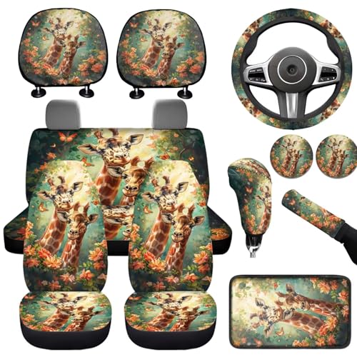 Animal Giraffe Car Rear Bench Protective Front Seat Car Accessories Full Set with Steering Wheel Cover Armrest Pad Headrest Covers Universal Fits for Cars SUV Truck - color: Animal Giraffe