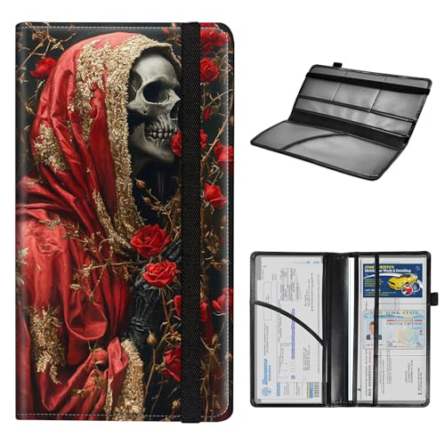Car Registration and Insurance Holder for Women Men,Automobile License Document Card Holders Vehicle Glove Box Organizer Leather Accessories Driver Essential,Red Rose Skull Art - color: Red Rose Skull Art