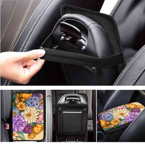 Yellow Chrysanthemum Print Car Steering Wheel Cover Sets Cup Holder Handbrake Gear Cover Armrest Cover Car Interior Accessories -6pcs - color: Chrysanthemum
