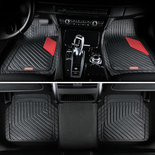 Coverado Heavy-Duty PVC Car Floor Mats Full Set – Red Metallic Heel Pad, All-Weather Protection for Front & Rear, Non-Slip Backing, Easy-to-Clean Liners, 4 Pcs - color: Red