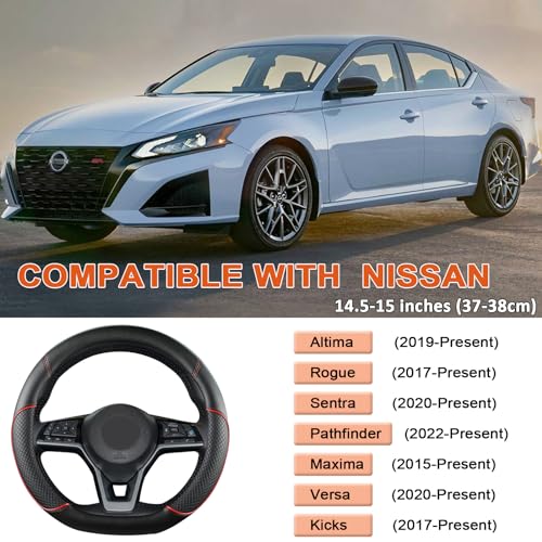 GIANT PANDA D Shape Steering Wheel Cover for Nissan Rogue Kicks - Auto Car Steering Wheel Cover Customized for Nissan Altima Sentra(Black+Red Line-D-Shaped) - color: Black+Red Line