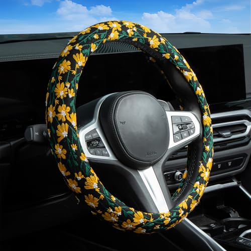 Embroidered Flowers Cute Yellow Daisy Steering Wheel Cover Auto Anti-Slip Breathable Rubber Steering Wheel Protector,Floral Car Accessories for Women,Universal Size Fit Most Cars -15 inch - color: Daisy Black Yellow Rubber