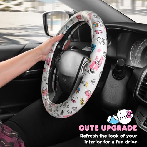 Hello Kitty Steering Wheel Cover, Official Sanrio Car Steering Wheel Cover with Universal Size 14.5-15, Cute White Hello Kitty Car Accessories for Women (Hello Kitty Look at Me) - style: Hello Kitty Look at Me
