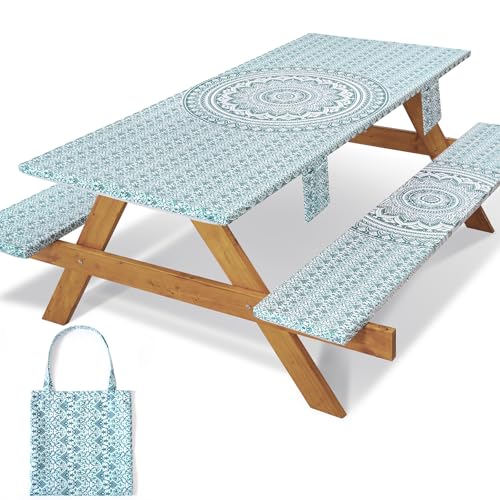 Fitted 8Ft Picnic Table Cover with Chair Covers Elastic Polyester Stain Resistant Reusable Camping Table Cloth Patio Family Glamping Things Hiking Rv Traveling Needs Gifts for Grandparents - color: Green Bohemia, size: 96*30Inch