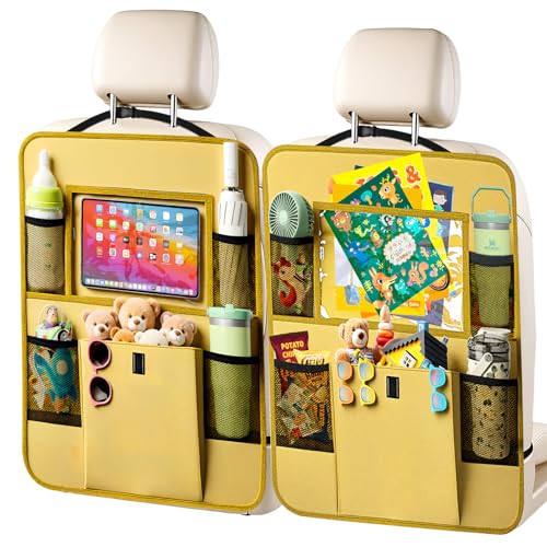 Car Backseat Organizer with Tablet Holder, 6 Storage Pockets Seat Back Protectors Kick Mats for Kids, Car Seat Protector for Road Trips 2 Pack (Beige) - color: Beige
