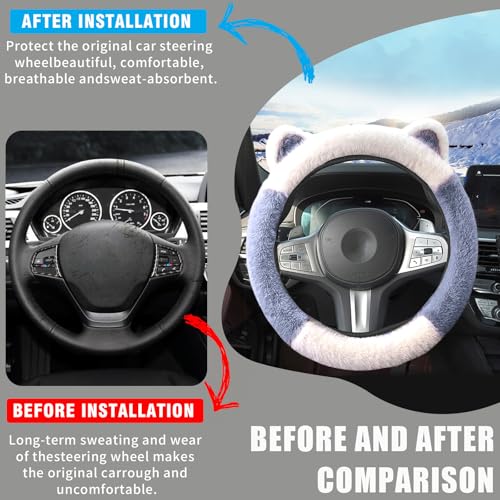 Car Steering Wheel Cover, Cute Steering Wheel Protector with Kitty Cat Ears,Fluffy Soft Plush for Winter Warm, Universal Fit 15 inches for Car,SUV, Elastic & Anti-Slip (Blue/White) - color: Blue/White