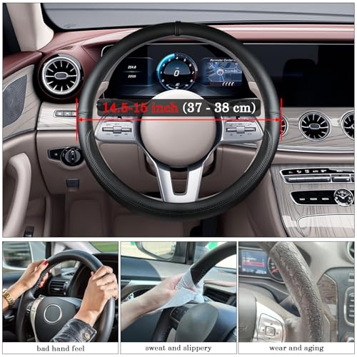 All Black Car Steering Wheel Cover, Nappa Leather, Bottom Color Blocking, Universal 14.5-15 Inch Leather Anti-Slip Breathable Auto Steering Wheel Covers for Men Women - color: All Black