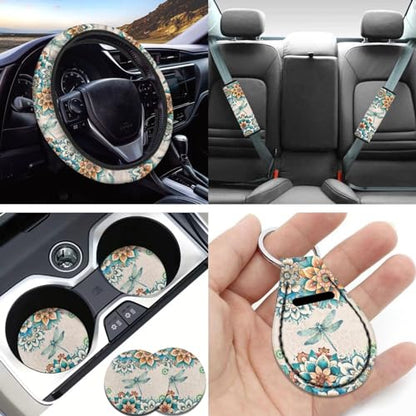 Bohemian Flower Dragonfly Car Seat Covers for Women Men，11pcs Dragonfly Auto Seat Covers for Front Back+ Steering Wheel Cover+Keychain+Cup Coaster+Lipstick Holder Keychain for Most Cars - color: Bohemian Flower Dragonfly