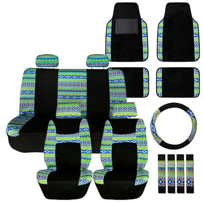 FH Group Full Set Southwestern Print Cloth Car Seat Covers Combo Set with Carpet Floor Mats, Universal Fit, Washable Seat Cover for SUV, Sedan, Green - color: Green