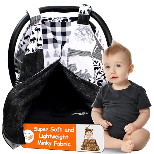 Dear Baby Gear - Infant Carseat Canopy and Winter Covers - Cozy Baby Car Seat Cover for Girls and Boys - Stroller Cover - Mountains Moose & Bear - Faux Quilt/Woodgrain 40" x 30" - color: Moose & Bear Faux Quilt/Black Woodgrain