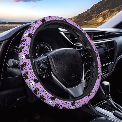 Halloween Cute Black Cat Skull Head Steering Wheel Cover for Women Men, Non-Slip Steering Wheel Protector Car Wheel Covers, Universal 15 Inch Fit for Auto, Suvs, Truck - color: Halloween Cute Black Cat Skull Head