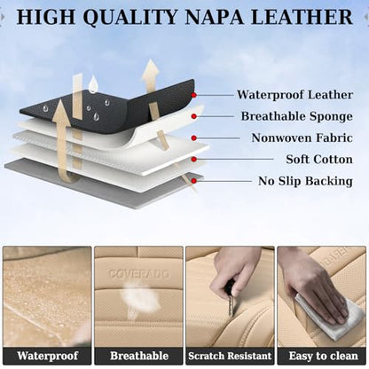 Coverado Seat Covers, Car Seat Covers Front Seats, Automotive Seat Covers, Waterproof Nappa Leather Car Seat Cover, Car Seat Cushion, Beige Seat Covers Carseat Cover Universal Fit for Most Cars - color: Beige-A, size: Front