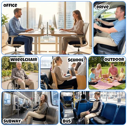 Ergonomic Seat Cushion with Memory Foam for Office Chair, Car Seat, Non-Slip Cushion, Sciatica & Tailbone Relief, Breathable Mesh Cover, Portable Handle - Black