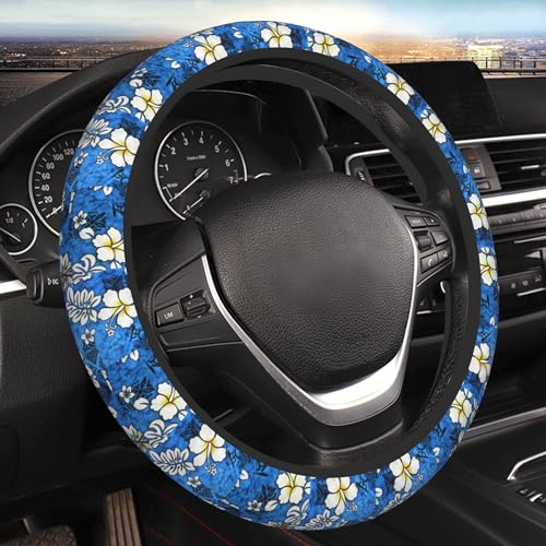 Tropical Flower Car Accessories Cute Floral Steering Wheel Cover for Women Girls Universal 15 Inch Soft Elastic Neoprene Auto Interior Decor Anti Slip Car Truck Protector, Blue and White Flowers - color: Blue Hawaiian Flowers